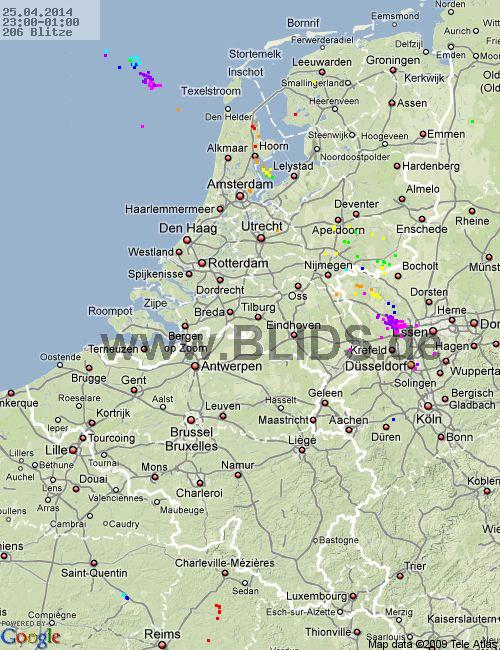 Fulmini Paesi Bassi 23:00 UTC ven, 25.04.2014