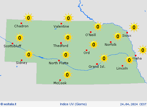 indice uv Nebraska America del Nord Carte di previsione