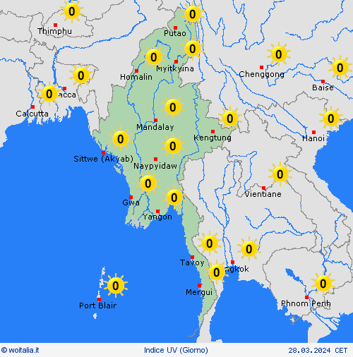 indice uv Birmania Asia Carte di previsione