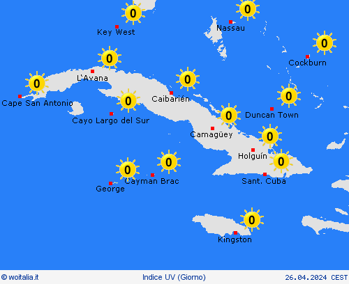 indice uv Isole Cayman America Centrale Carte di previsione