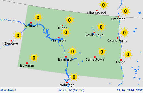 indice uv Dakota del Nord America del Nord Carte di previsione