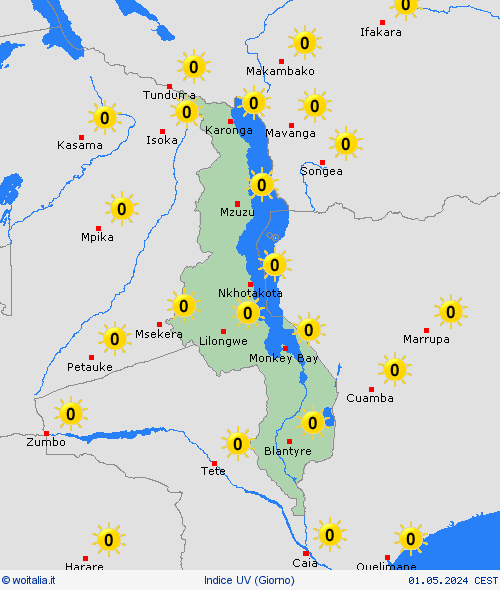 indice uv Malawi Africa Carte di previsione